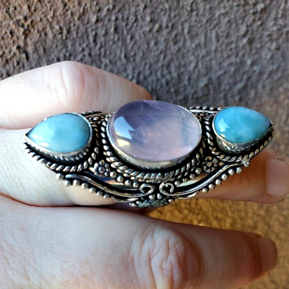 New Rose Quartz & Larimar 925 Silver Statement Ring. - Picture 2 of 15